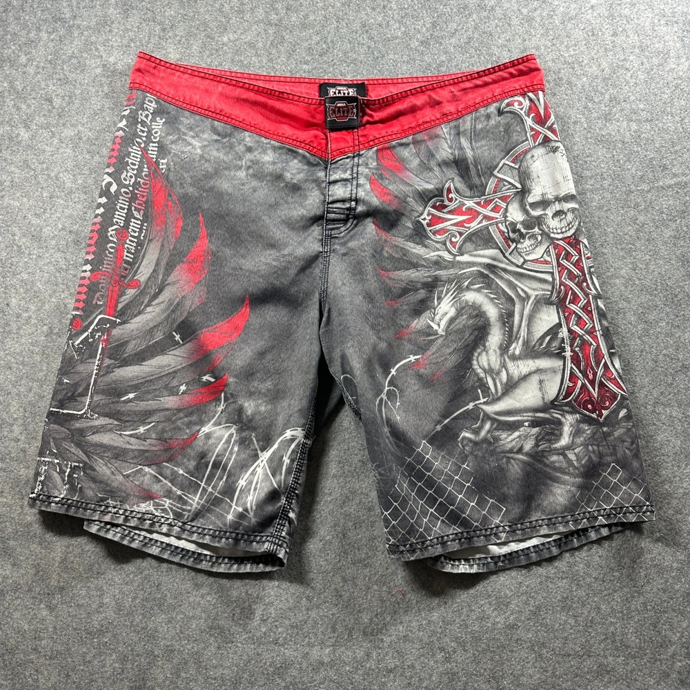 MMA Elite Board Shorts Men XL Gray Red Skull Dragon Gothic Y2K Graphic Print